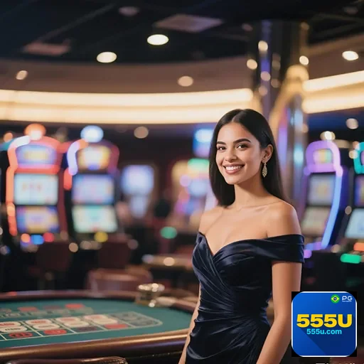 Imagem de um cassino com o logo 555u, destaque para jogos de azar, representando o site 555u.